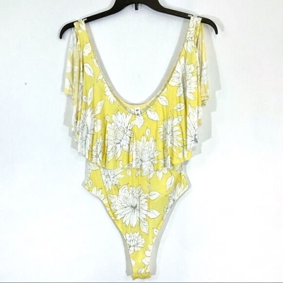 BP floral ruffle deep V neck bodysuit yellow white size XL NWT - Picture 5 of 7